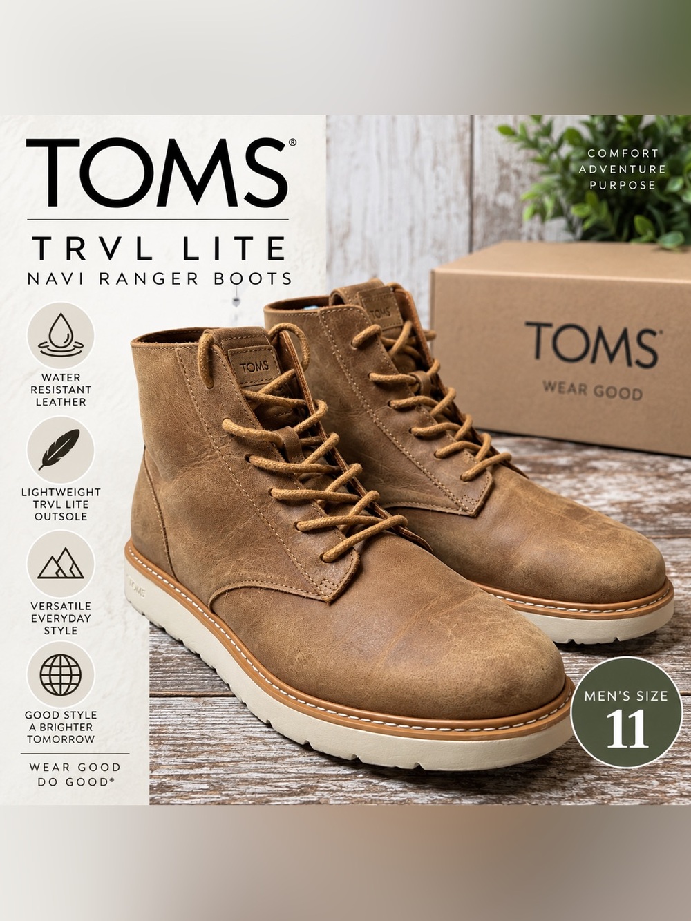 TOMS TRVL LITE Navi Ranger Tan Water Resistant Leather Boots Men 11